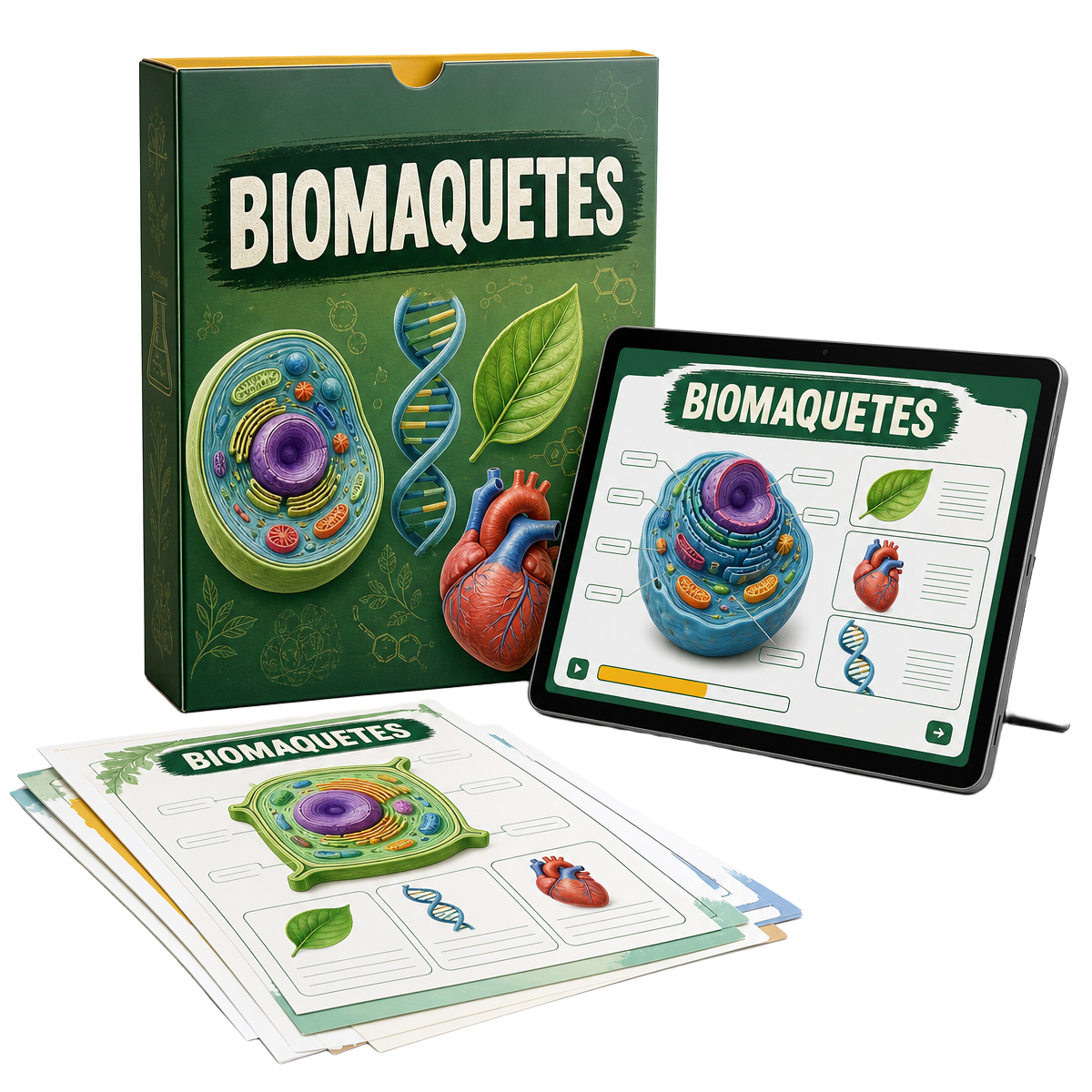 Mockup do acervo digital Biomaquetes com material impresso e atividades